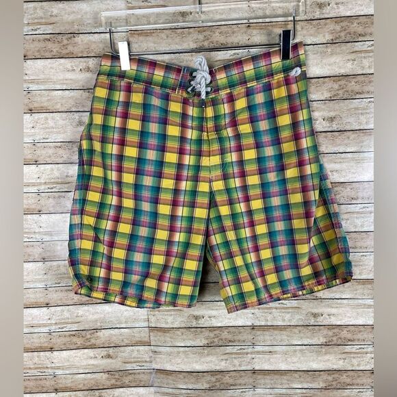 Polo Ralph Lauren Yellow Madras Swim Trunks Suit sz Med - Picture 1 of 4
